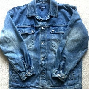 Vtg Raw Denim By Koman Oversized Distressed Mens Jean Jacket Sz Large Big & Tall